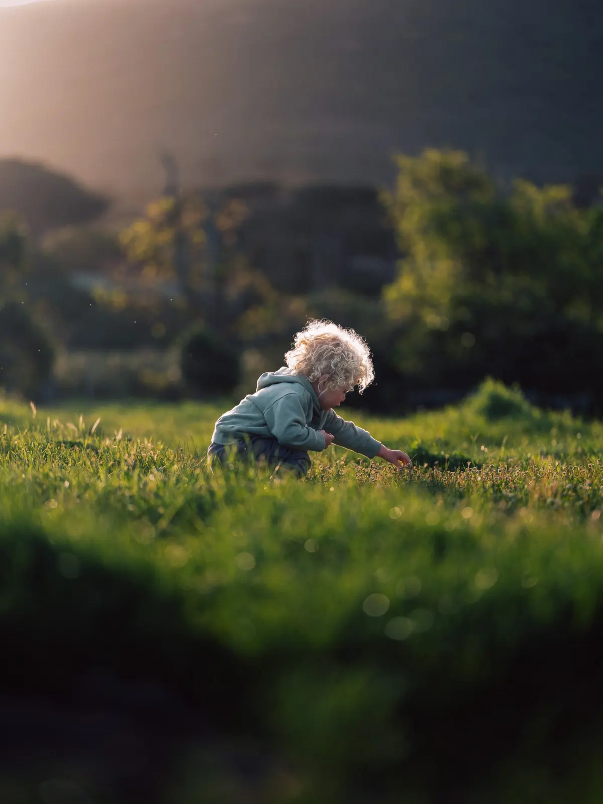 A child on the grass, reaching into the green