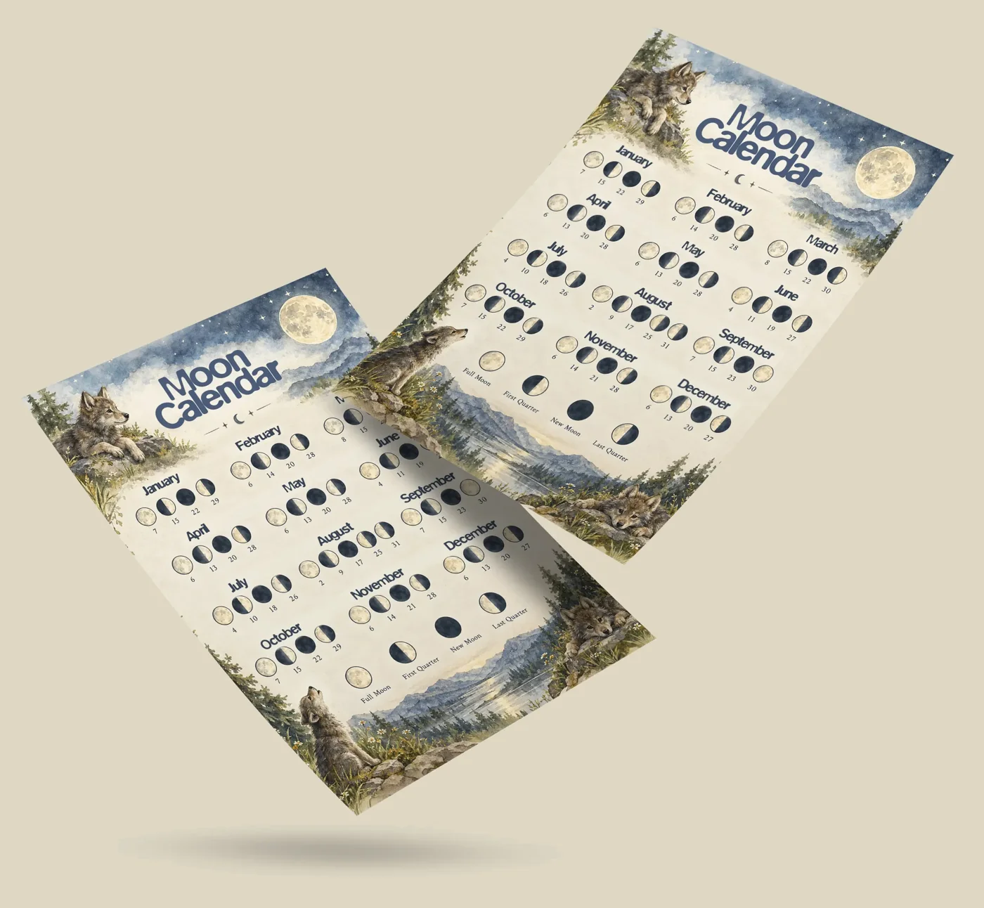 The 2027 moon calendar, one printed page with every moon phase and its date