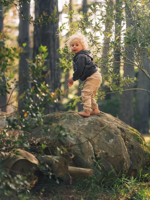 A child standing on a mossy rock in the forest
